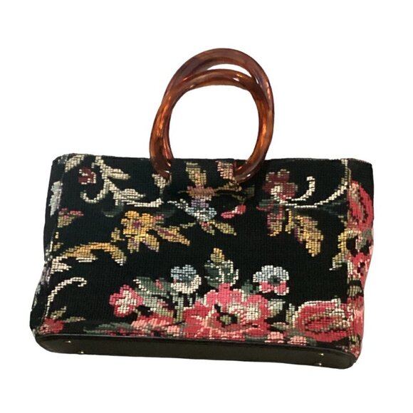 VTG JR Florida Tapestry Tote Bag Purse Faux-Tortoise Shell Handle 295E - Picture 3 of 9